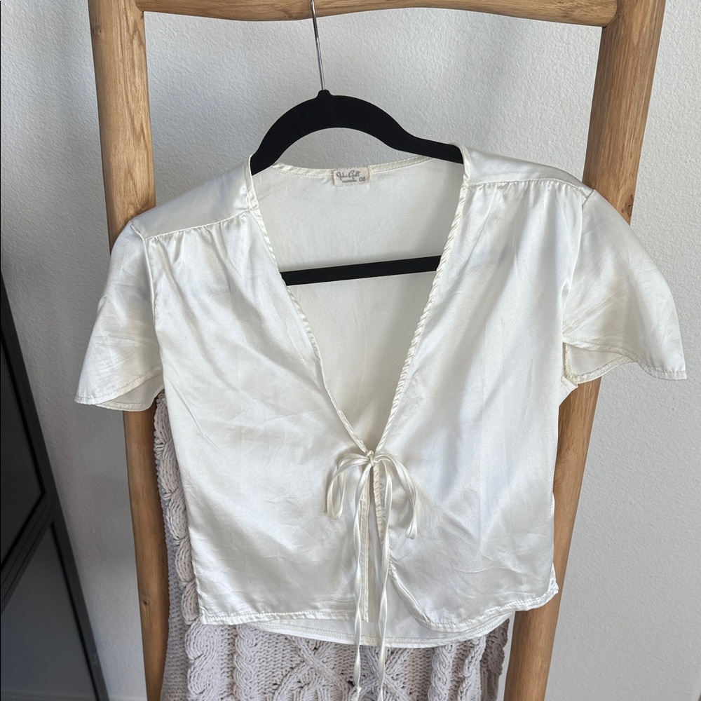 Brandy Melville John galt Leesa cream ivory silk satin White Tie-Front Blouse
